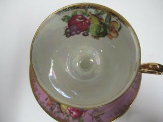 Vtg Royal Halsey Very Fine Porcelain Tea Cup Saucer Pedestal Gold Fruit RARE 2