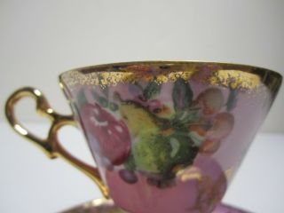 Vtg Royal Halsey Very Fine Porcelain Tea Cup Saucer Pedestal Gold Fruit RARE 3