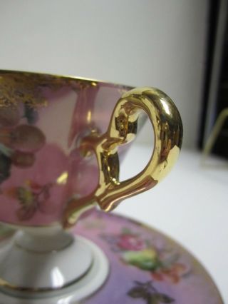 Vtg Royal Halsey Very Fine Porcelain Tea Cup Saucer Pedestal Gold Fruit RARE 4