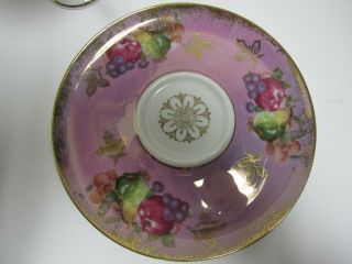 Vtg Royal Halsey Very Fine Porcelain Tea Cup Saucer Pedestal Gold Fruit RARE 5