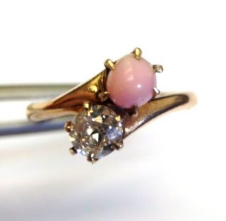 Antique Victorian Conch Pearl And Mine Cut Diamond Bypass 14k Rose Gold Ring 6