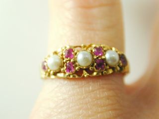 Ruby & pearl ring Victorian 15 carat gold dated 1867 size M 0.  18 carats 2