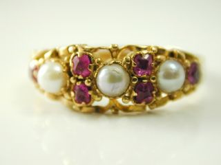 Ruby & pearl ring Victorian 15 carat gold dated 1867 size M 0.  18 carats 3