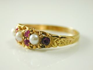 Ruby & pearl ring Victorian 15 carat gold dated 1867 size M 0.  18 carats 4