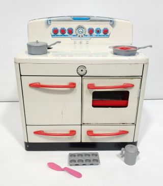 Vintage Mar Toys Tin Metal Play Oven W/cooking Accessories