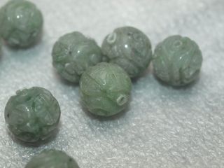 One Vintage Carved Chinese Bead Green Jadeite Jade Stone Double Shou Round 12mm