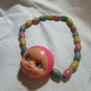 Unusual Cool Vintage Thin Celluloid Baby Doll Head Rattle Toy,  Wood Bead Strand 3