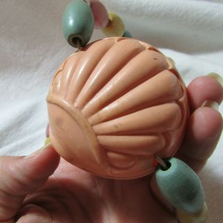 Unusual Cool Vintage Thin Celluloid Baby Doll Head Rattle Toy,  Wood Bead Strand 4