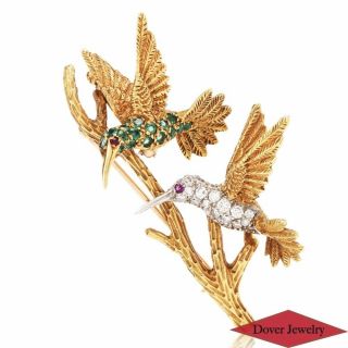 Antique Diamond Ruby Emerald 18k Gold Hummingbird Pin Set 14.  9 Grams Nr