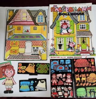 Neat Vintage 1974 Raggedy Ann Doll House Colorforms & Extra Doll With Outfits
