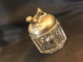 Old Vtg Collectible Decorative Glass Jar W/ Stretched Metal Bull Dog Handled Lid