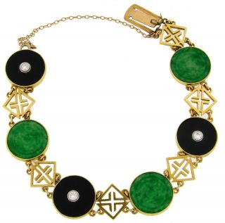 Tiffany & Co Jade Black Onyx Diamond Yellow Gold Chinois Bracelet 1930s Art Deco