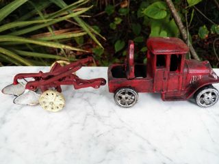 Vintage Cast Iron Toy Truck Tractor & Plow Hand - Painted