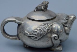 Ancient Souvenir Collectable Old Handwork Miao Silver Carve Wealthy Toad Teapot 3