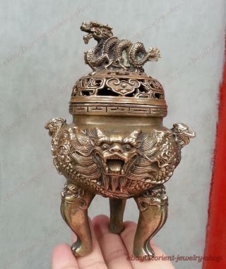 Antique Vintage Tibet Copper Dragon Lion Incense Burner Censer