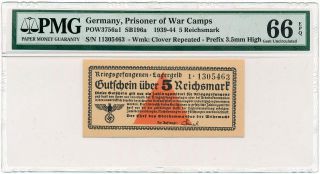 Germany - 5 Reichsmark 1939 - 44 Ww2 Pow Camp Pmg Gem Unc 66 Epq