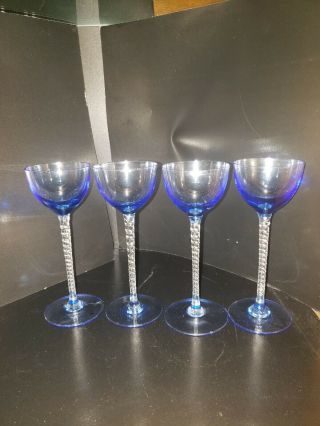 4 Italian Venetian Hand Blown Blue Cordial Glasses Clear Stem Unique Blue