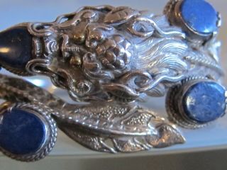 Vintage Sterling Silver Chinese Dragon Bracelet Lapis Lazuli And 18k