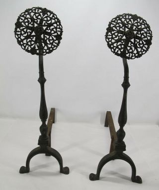 Antique Bronze Ornate Floral & Swirl Medallion & Wrought Iron Base Andirons Yqz