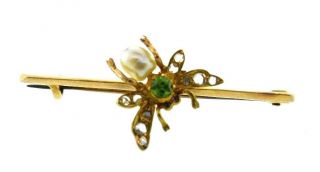 Antique 18k Yellow Gold Diamond Natural Pearl Peridot & Amethyst Bug Brooch