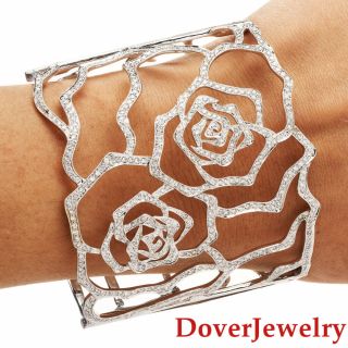 Estate 5.  02ct Diamond 14k Gold Rose Flower Wide Cuff Bangle Bracelet 82.  6 Grams