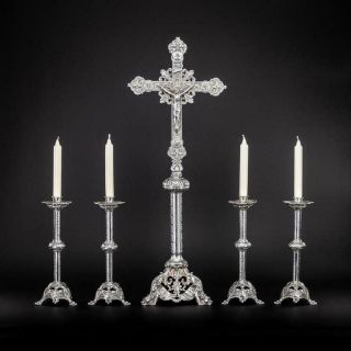 Altar Crucifix Set Candlesticks Four Bronze | Antique Church 4 Candle Holder 30 "