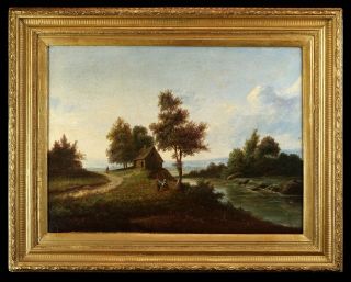 Large 19th Century English School Oil Painting | Riverside Country Landscape