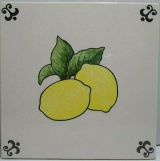 Vintage Ceramic Art Tile Lemons Hand Painted Fruit Trivet 6 "