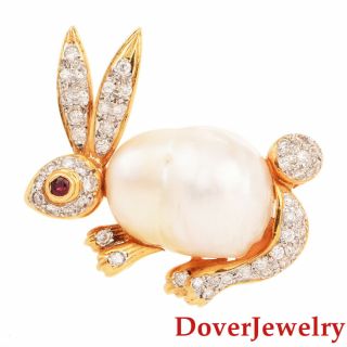 Estate Diamond Ruby Pearl 18k Gold Rabbit Bunny Pin Pendant 9.  9 Grams Nr