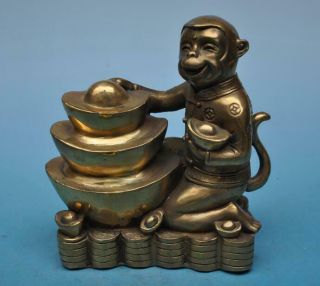 Chinese Old Fengshui Copper Hand - Carved Coin Yuanbao Wealth Monkey Statue F02