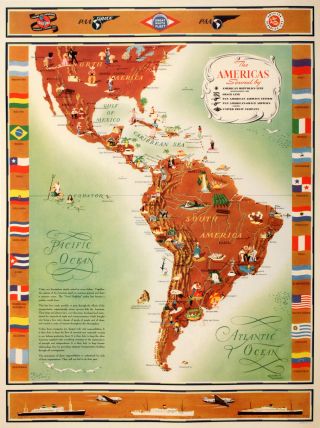 Vintage Travel Poster Pan Am The Americas Map By Kenneth Thompson 1945