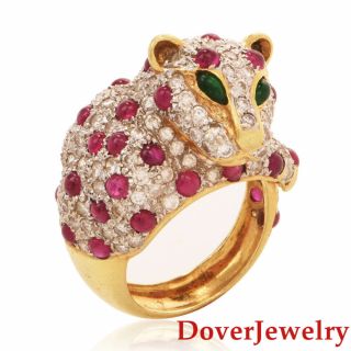 Estate Diamond Ruby Emerald 18k Gold Panther Cluster Ring 12.  7 Grams Nr