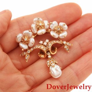 Vintage Diamond Pearl 18k Gold Floral Drop Pin 11.  6 Grams Nr