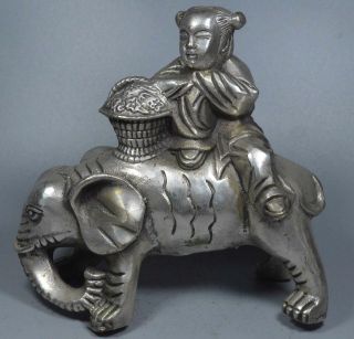 Decor Collectable Handwork Miao Silver Carve Child Ride Elephant Amulet Statue