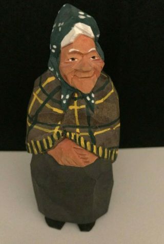 Vintage Hand Carved Mature Woman Figurine Folk Art - Initialed - 4.  5 " - Rare