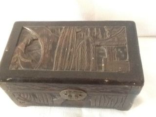 Collectable Oriental Hand Carved Wood Trinket Box 8.  5 " X 5 " X4.  5 "