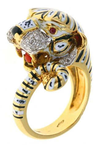 Rare Vintage Bulgari Bvlgari 18k Yellow Gold Enamel Tiger Diamond Ring