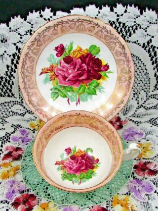 Adderley Purple Roses Pink & Gold Gilt Floral Tea Cup And Saucer