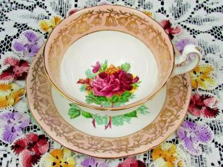 ADDERLEY PURPLE ROSES PINK & GOLD GILT FLORAL TEA CUP AND SAUCER 2