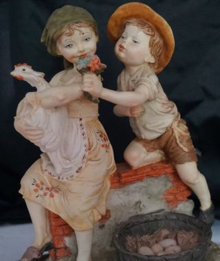 Capodimonte Figurine Boy And Girl With Hen " N " W/ Crown 10 " High Hand Painted