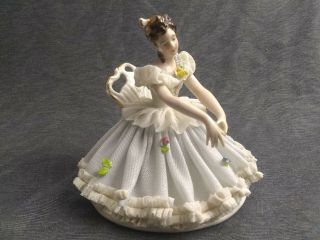Antique Dresden Porcelain Seated Lady Figurine With Lace Dress