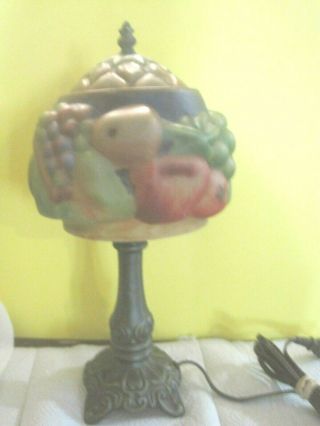 Vintage Reverse Painted Puffy Glass Fruit Lamp Shade With Metal Base