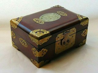 Vintage Chinese Tarot Card Deck In Wooden Box W/ Brass & Carved Stone