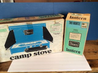 Vintage NIB SEARS Blue 2 Mantle Lantern AND Sears Deluxe 2 Burner Stove Coleman 3