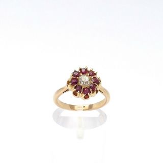 Victorian 18k Rose Gold.  75ctw Chunky Old Mine Cut Diamond Ruby Halo Ring Sz6.  25