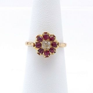 Victorian 18K Rose Gold.  75ctw Chunky Old Mine Cut Diamond Ruby Halo Ring Sz6.  25 6