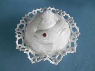 1889 Atterbury Figural Milk White Glass Entwined Fish Covered Animal Candy Dish