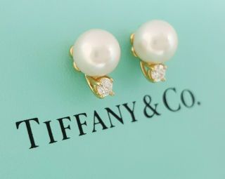 TIFFANY & Co Signature 18K Yellow Gold Akoya Pearl & Diamond Earrings Rtl $1,  400 2