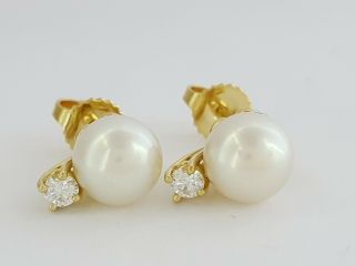 TIFFANY & Co Signature 18K Yellow Gold Akoya Pearl & Diamond Earrings Rtl $1,  400 8