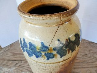 Rare ANTIQUE 1800 ' s Early American STONEWARE CROCK Jar FLORAL COBALT Decorated 2